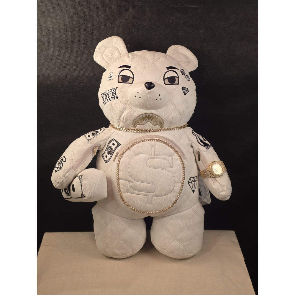 Luxury White Teddy Bear Backpack Designer Style Gold Chain 22" Used #015
